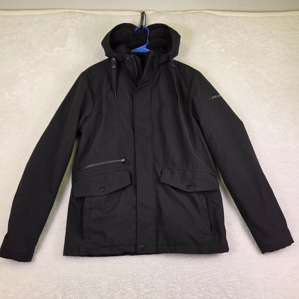 Calvin Klein Mens Black Hooded Softshell Utility Jacket Small Sherpa Lined Hood